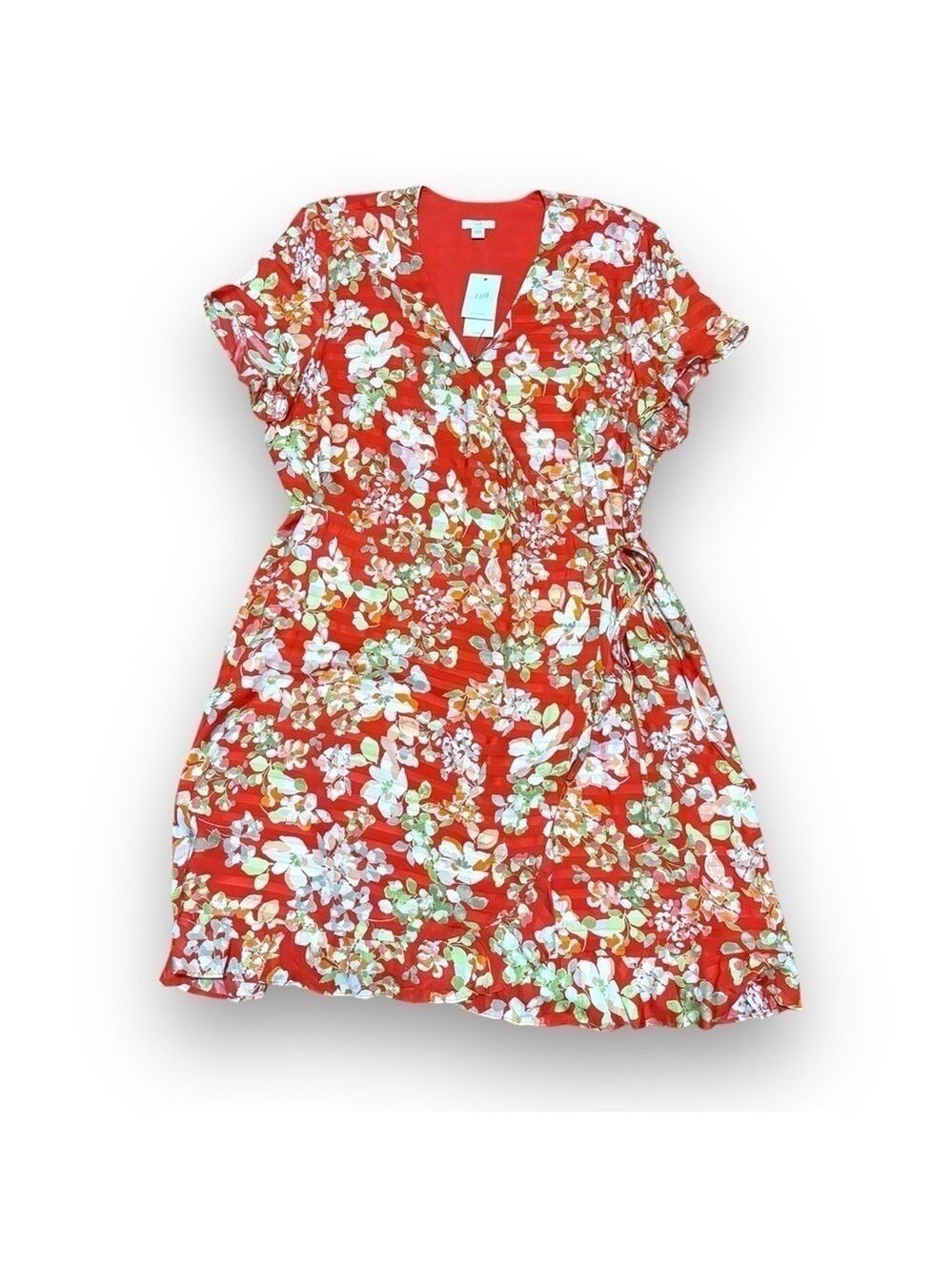 NWT J. Jill Red Papaya Floral Wrap Ruffle Dress - Size Large